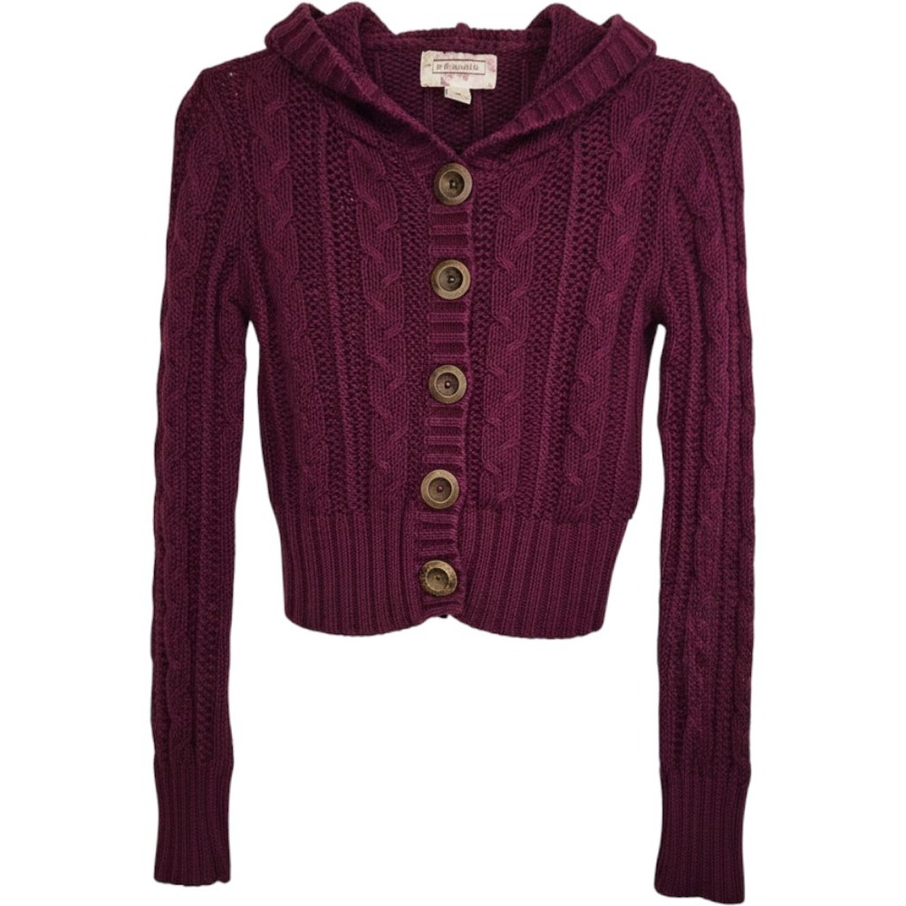 Aeropostale Womens Medium Plum Purple Cable Knit Cropped Hooded Cardigan Y2K VTG